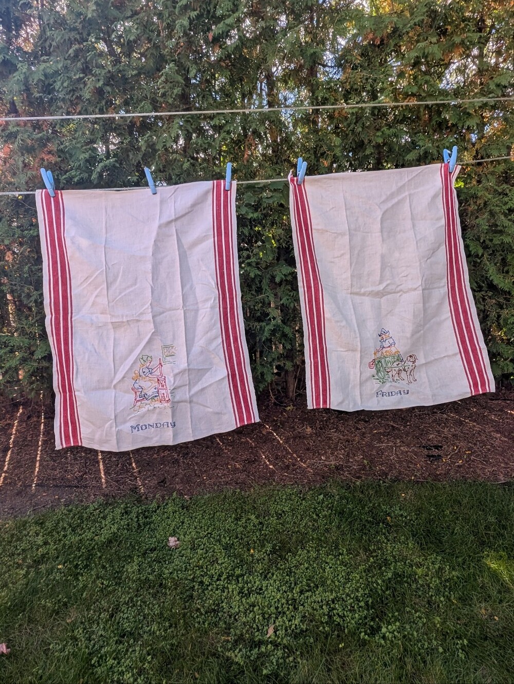 Vintage Hand Embroidered Tea Towels Set of 2 Days Of Week Chores Monday & Friday